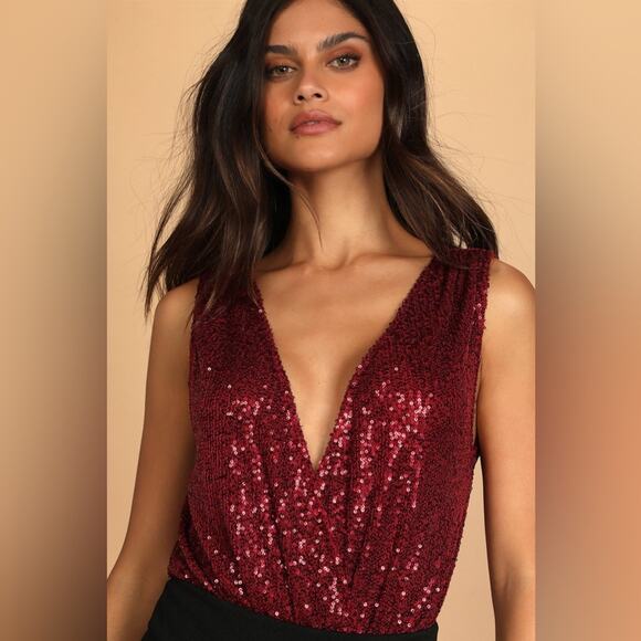 Lulus Evening of Wonder Burgundy Sequin Cowl Back Bodysuit XL - Picture 3 of 10